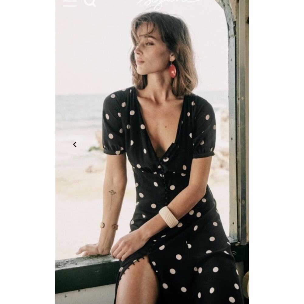 NWT Sezane Silk Polka Dot Midi Dress Black Button Front Lined Size US 2 - Picture 4 of 9